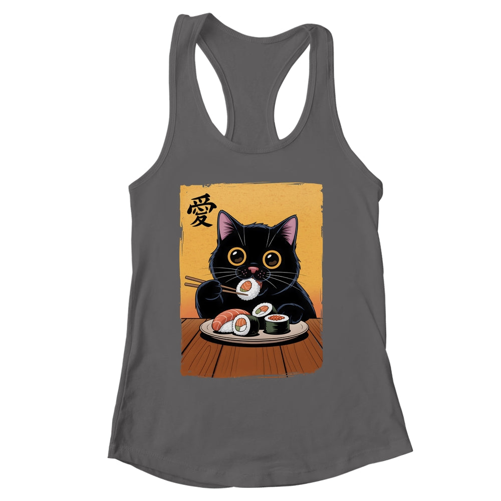 Cute Kawaii Black Cat Eating Sushi Funny Japanese Black Cat Shirt & Tank Top | siriusteestore