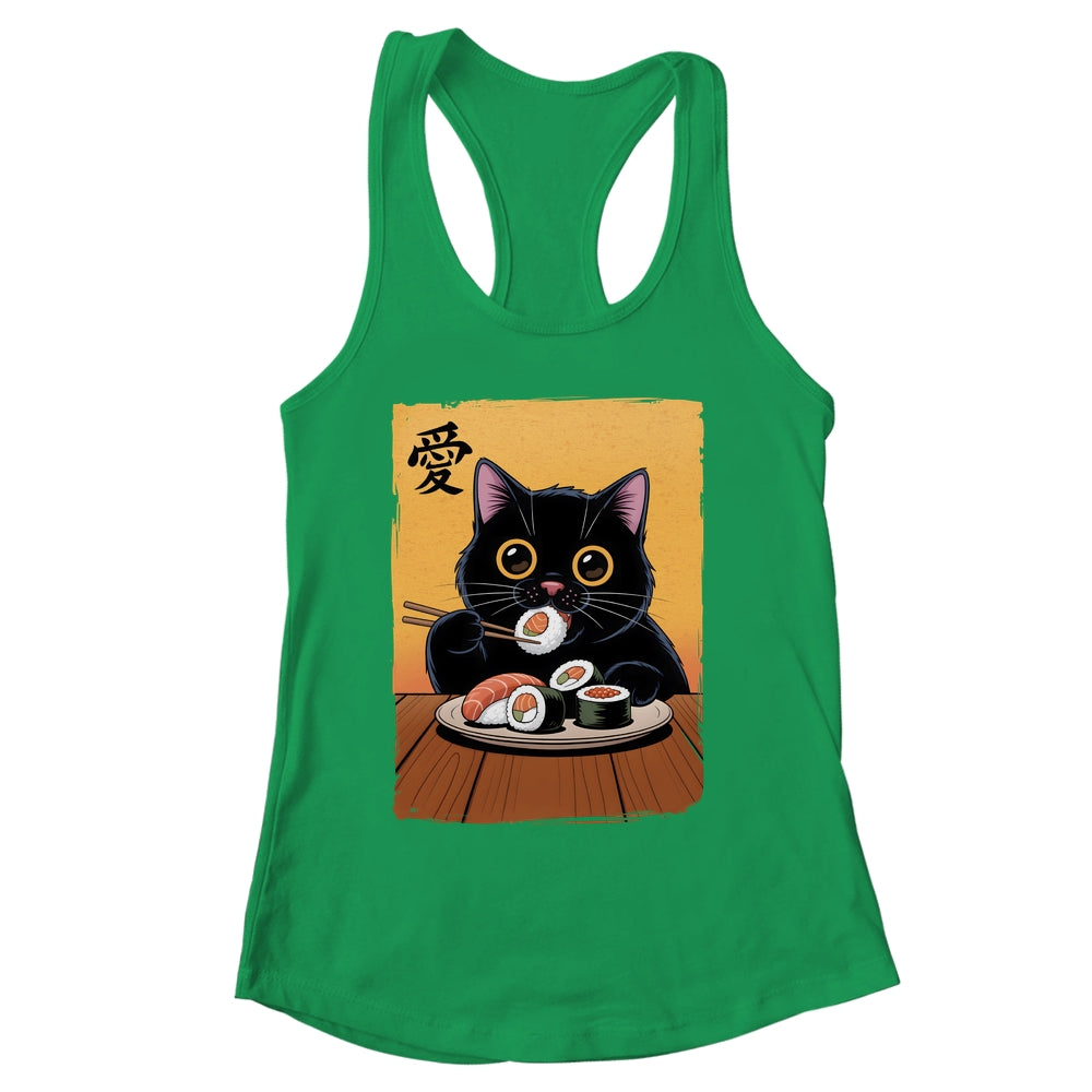 Cute Kawaii Black Cat Eating Sushi Funny Japanese Black Cat Shirt & Tank Top | siriusteestore
