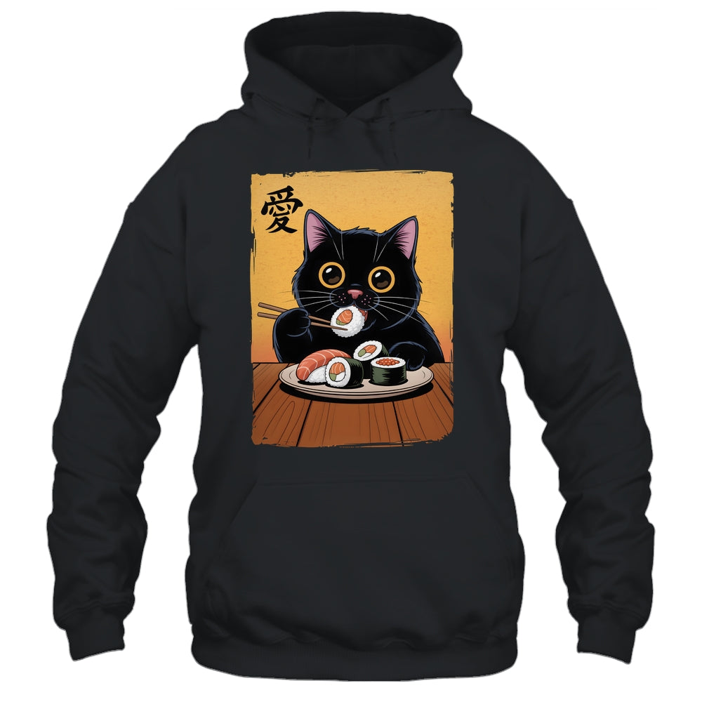 Cute Kawaii Black Cat Eating Sushi Funny Japanese Black Cat Shirt & Tank Top | siriusteestore