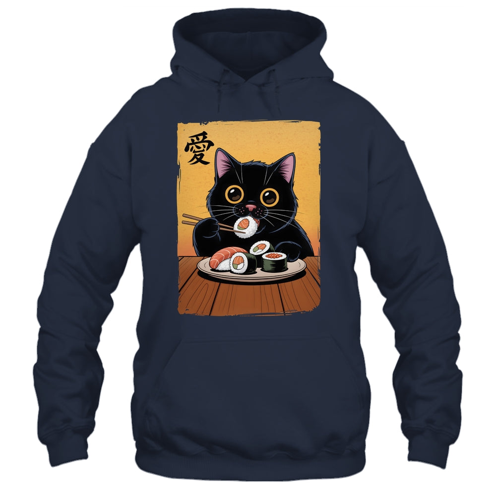 Cute Kawaii Black Cat Eating Sushi Funny Japanese Black Cat Shirt & Tank Top | siriusteestore