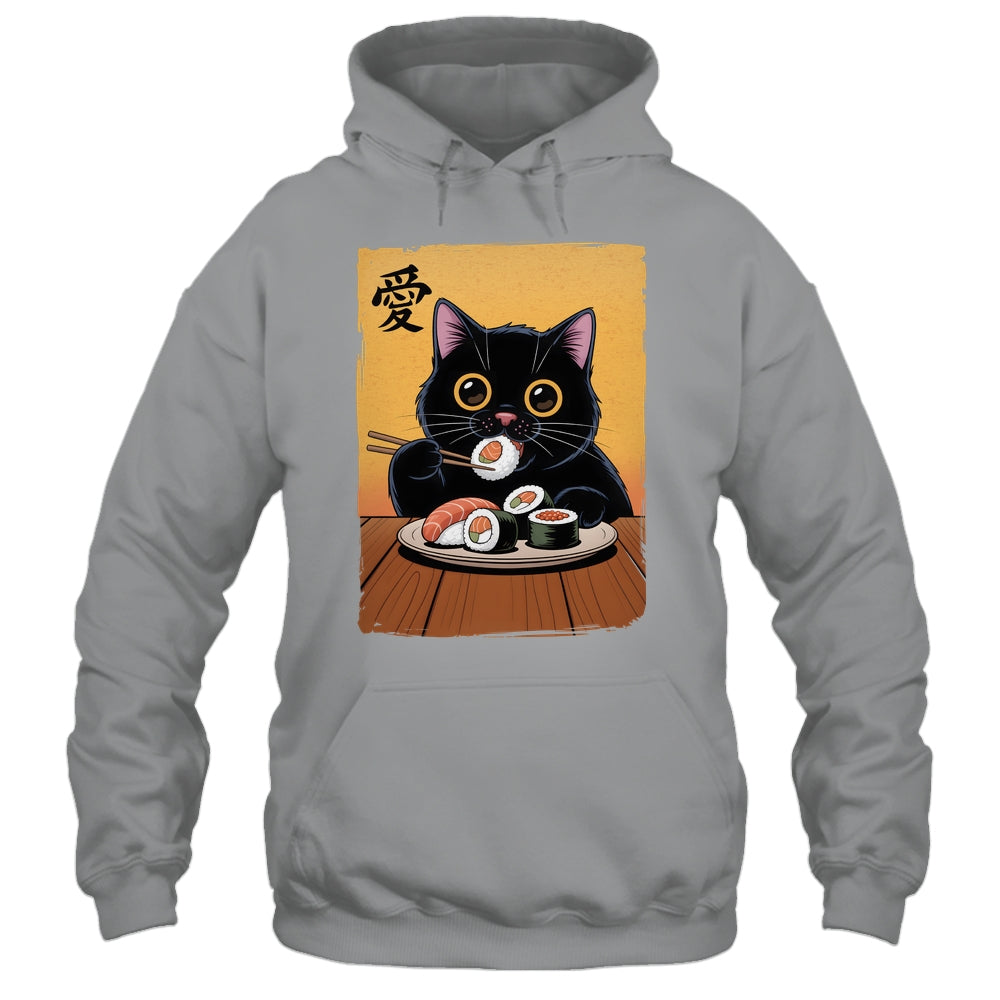 Cute Kawaii Black Cat Eating Sushi Funny Japanese Black Cat Shirt & Tank Top | siriusteestore