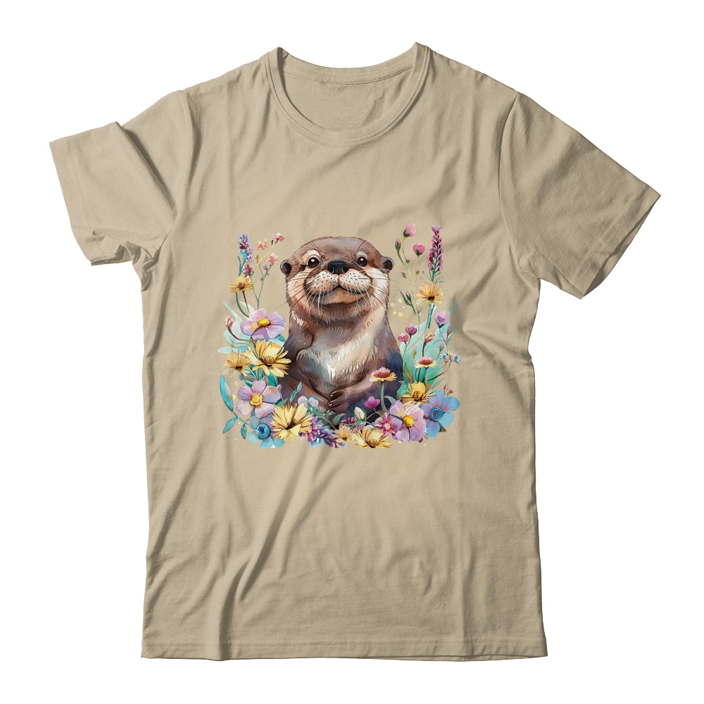 Cute Otter Face Floral Watercolor Painting Sea Otter Lover Shirt & Tank Top | siriusteestore