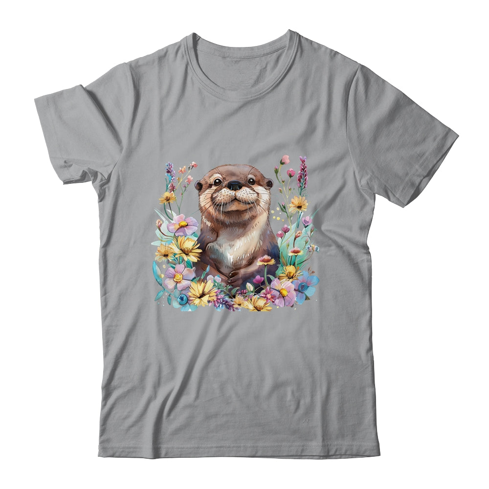 Cute Otter Face Floral Watercolor Painting Sea Otter Lover Shirt & Tank Top | siriusteestore