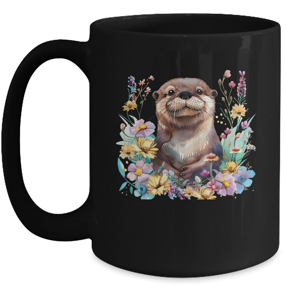Cute Otter Face Floral Watercolor Painting Sea Otter Lover Mug | siriusteestore