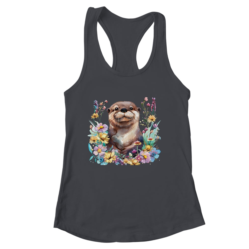 Cute Otter Face Floral Watercolor Painting Sea Otter Lover Shirt & Tank Top | siriusteestore