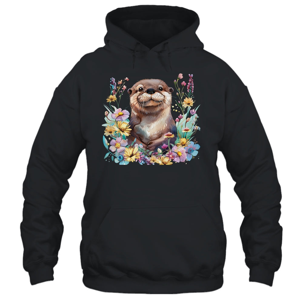 Cute Otter Face Floral Watercolor Painting Sea Otter Lover Shirt & Tank Top | siriusteestore