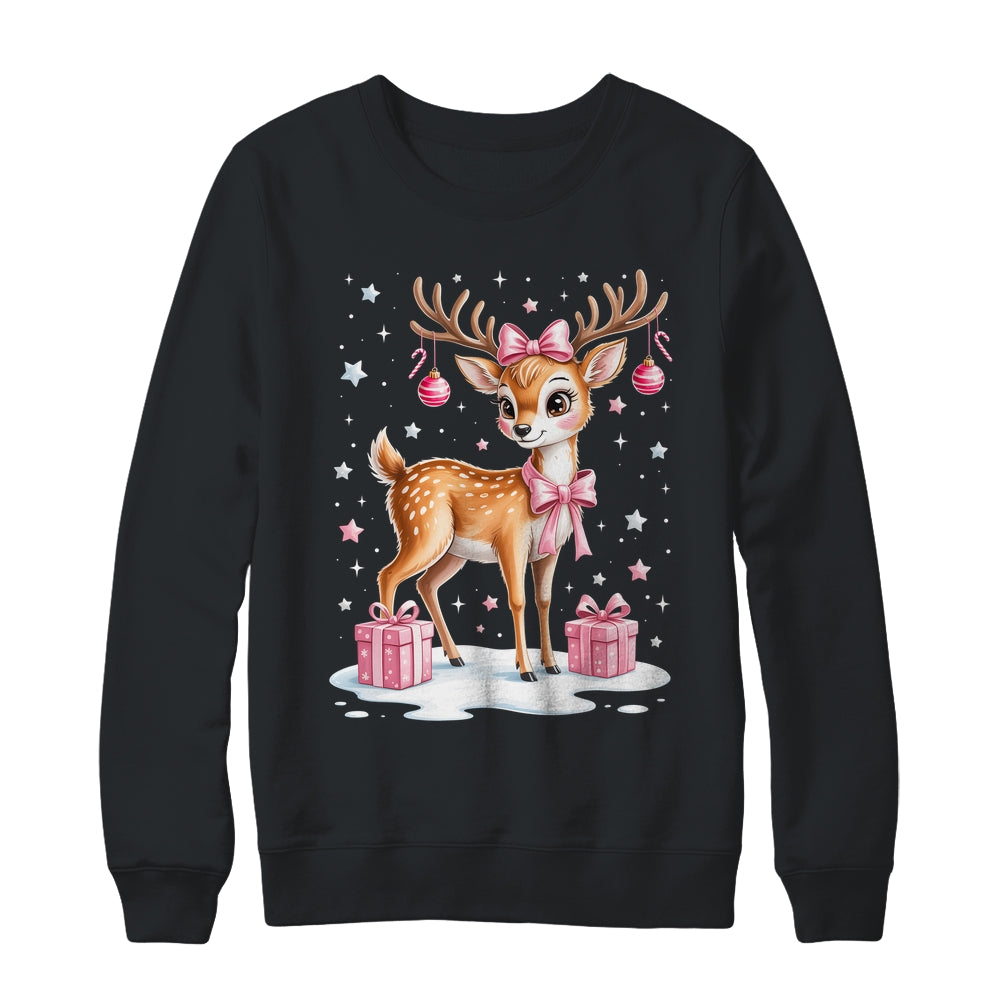 Cute Pink Reindeer Coquette Christmas Bow Xmas Girl Women Shirt & Sweatshirt | siriusteestore