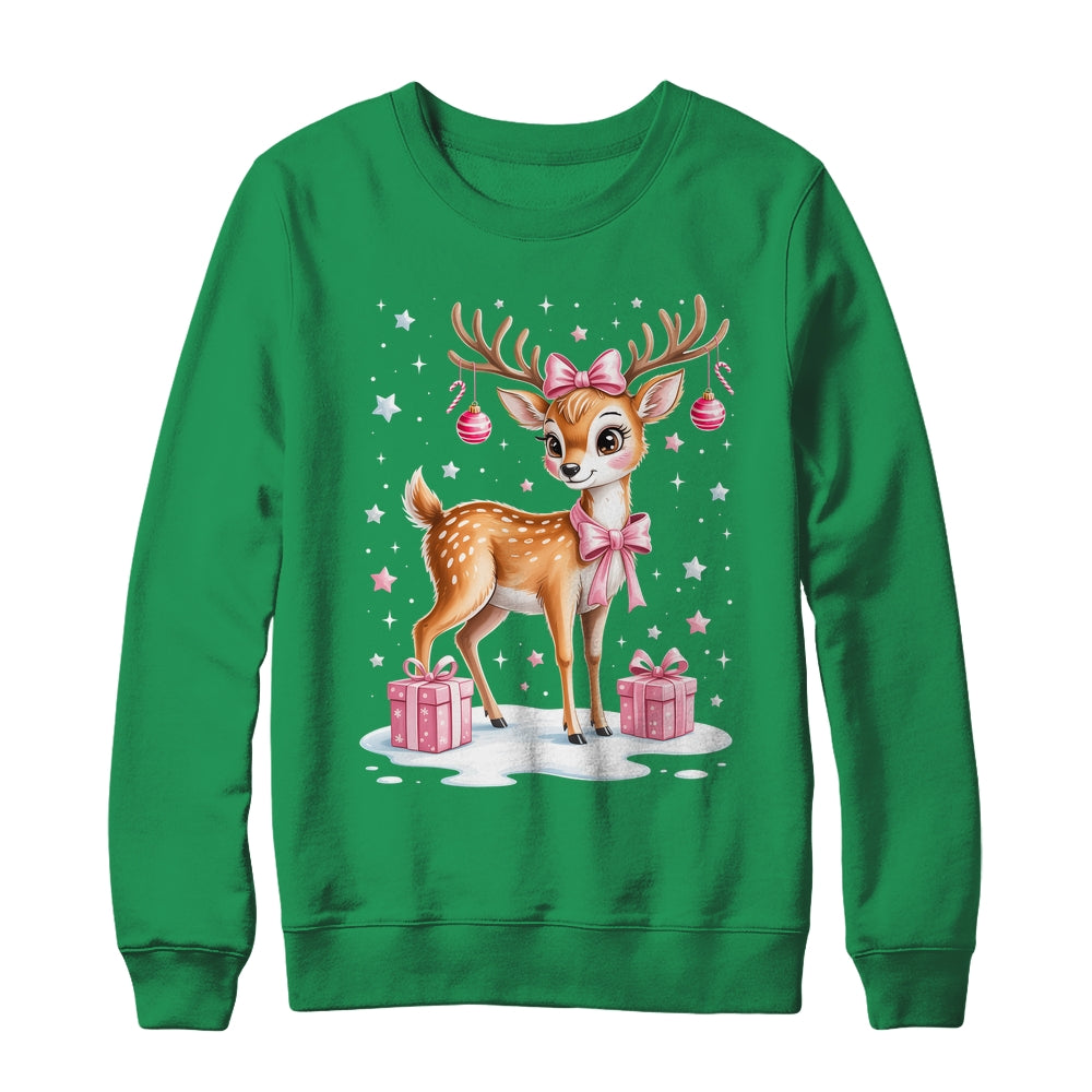 Cute Pink Reindeer Coquette Christmas Bow Xmas Girl Women Shirt & Sweatshirt | siriusteestore