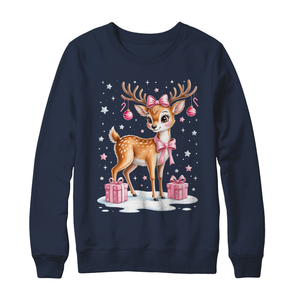 Cute Pink Reindeer Coquette Christmas Bow Xmas Girl Women Shirt & Sweatshirt | siriusteestore