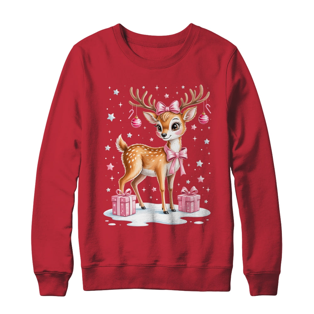 Cute Pink Reindeer Coquette Christmas Bow Xmas Girl Women Shirt & Sweatshirt | siriusteestore