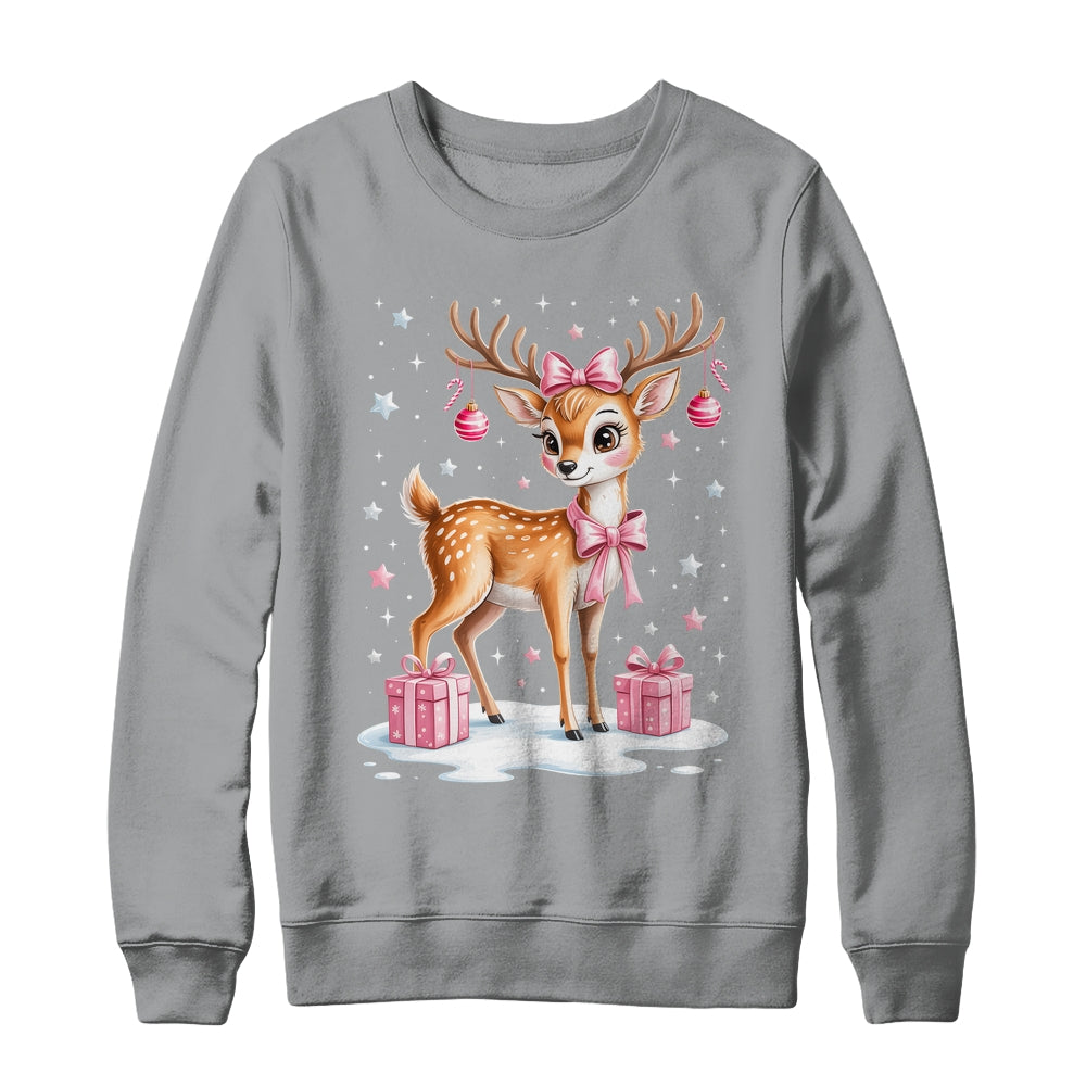 Cute Pink Reindeer Coquette Christmas Bow Xmas Girl Women Shirt & Sweatshirt | siriusteestore