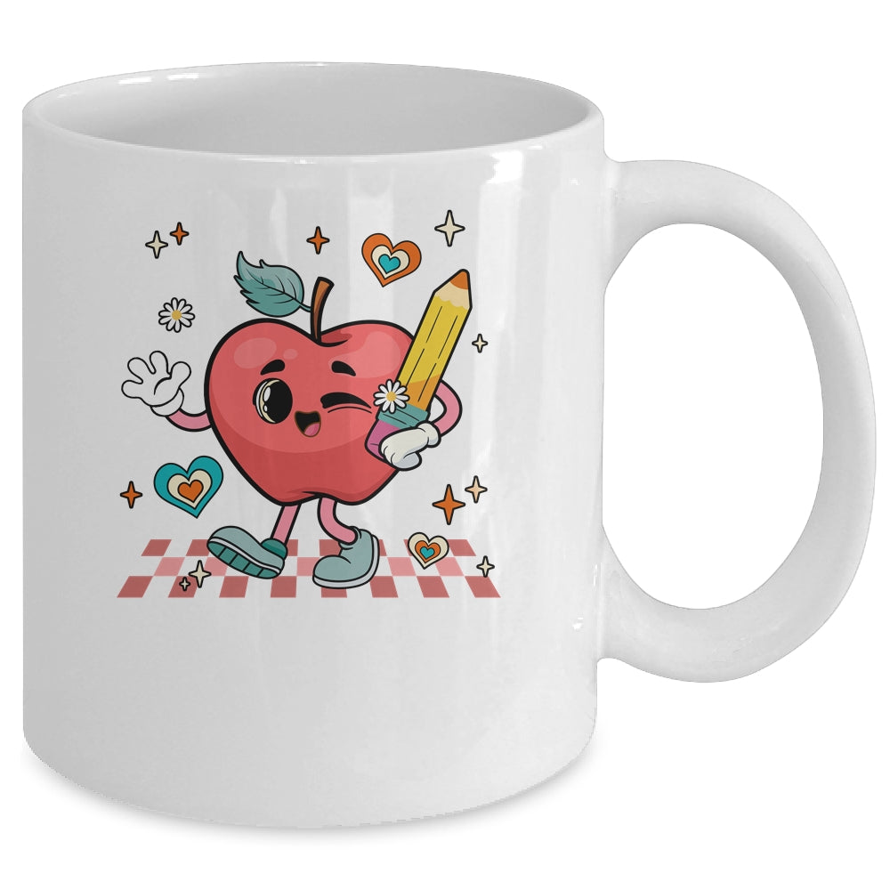 Cute Retro Checkered Apple With Face Teacher Pencil School Mug | siriusteestore