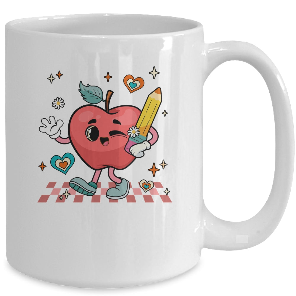 Cute Retro Checkered Apple With Face Teacher Pencil School Mug | siriusteestore