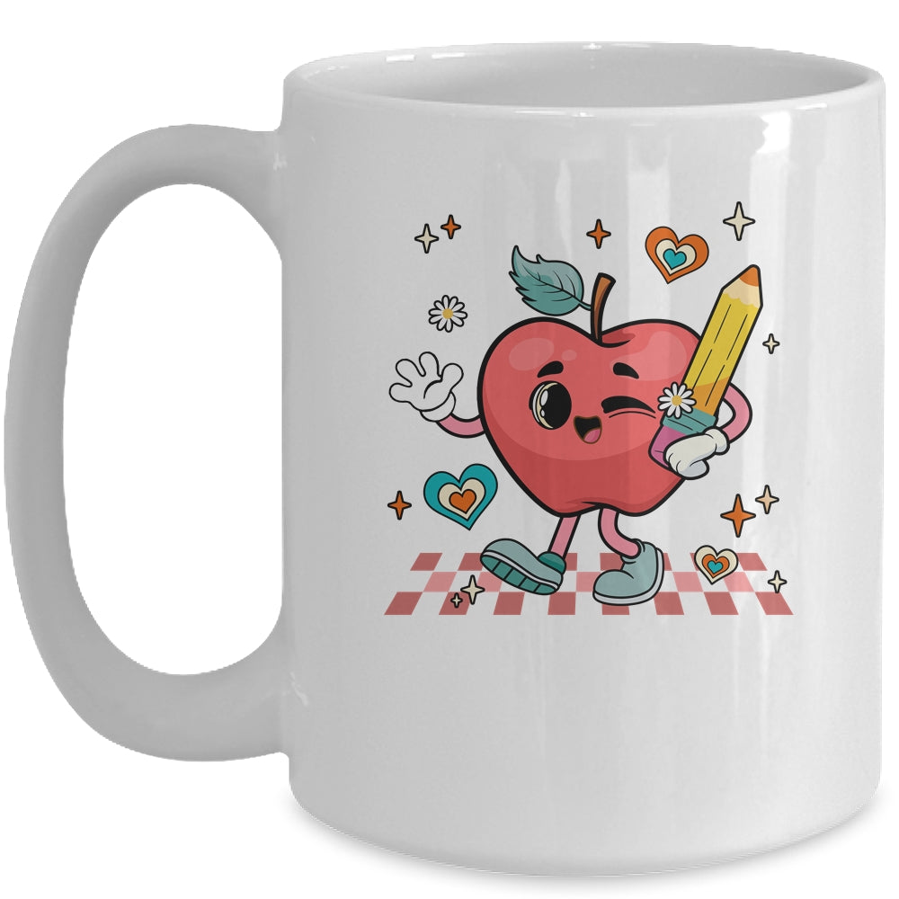 Cute Retro Checkered Apple With Face Teacher Pencil School Mug | siriusteestore