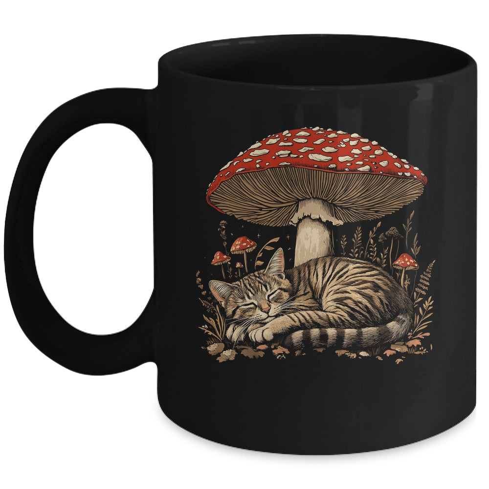 Cute Tabby Cat Gray Cat Cottagecore Aesthetic Mushroom Mug | siriusteestore
