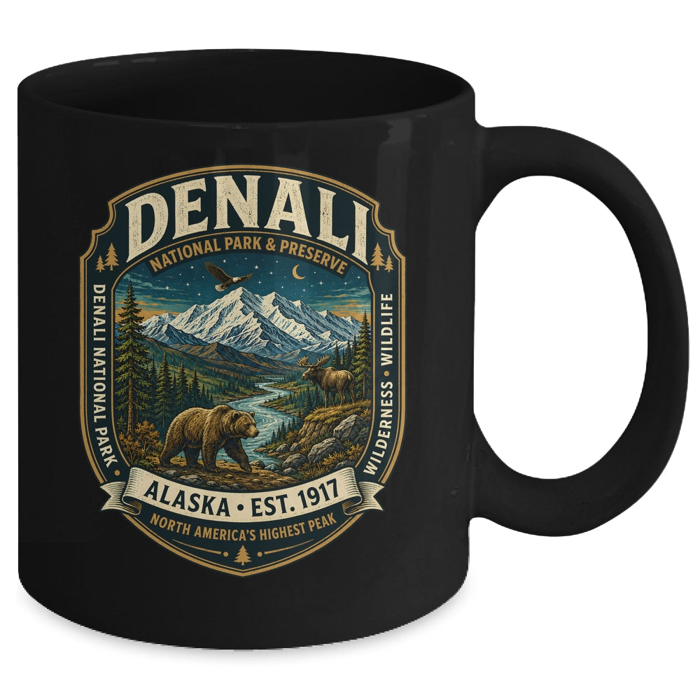 Denali National Park Alaska Mountain Wildlife Vintage Badge Mug | siriusteestore