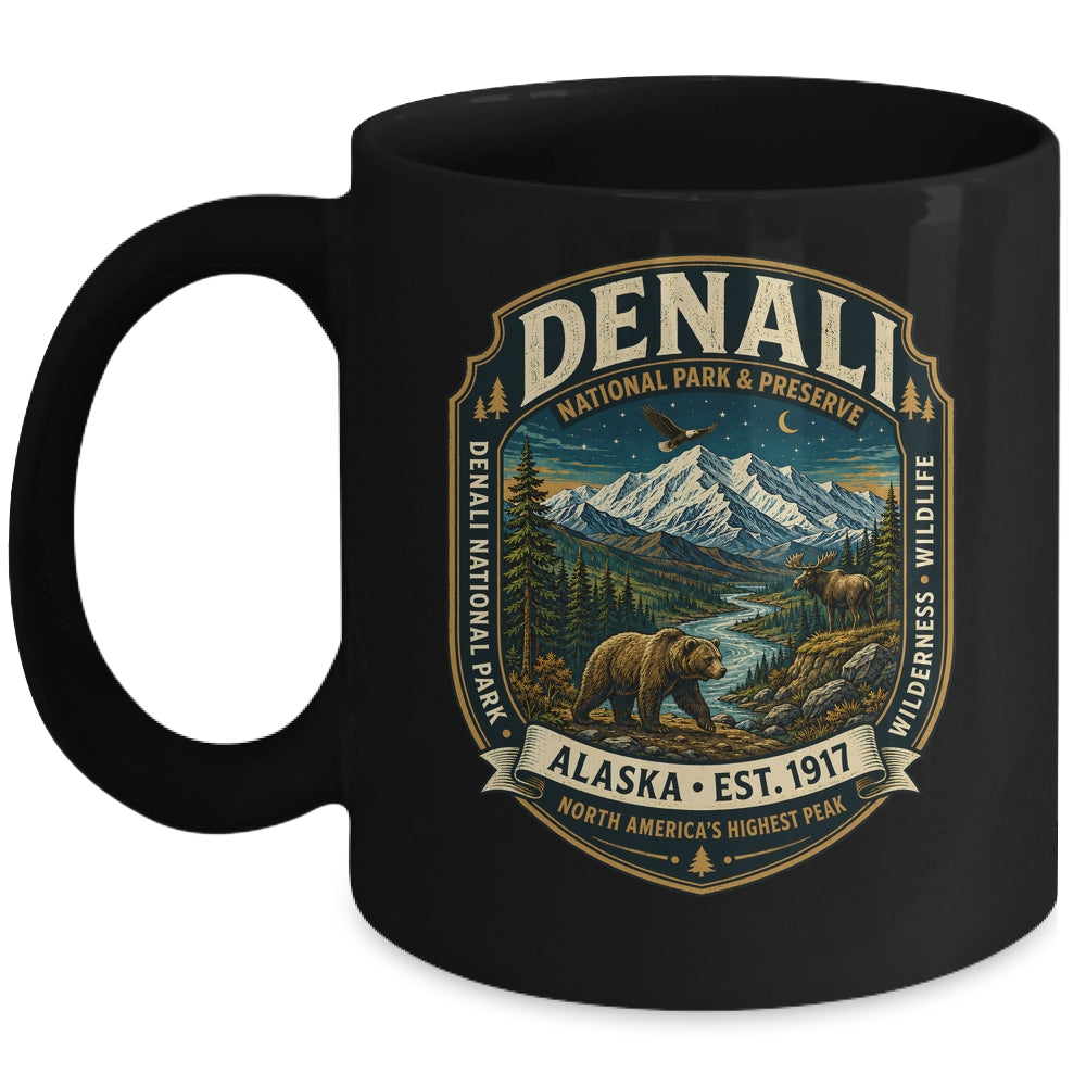 Denali National Park Alaska Mountain Wildlife Vintage Badge Mug | siriusteestore