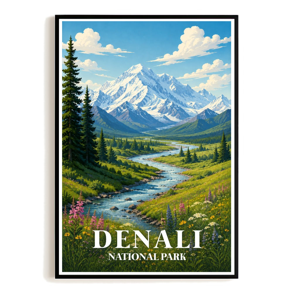 Denali National Park Alaska Travel Poster Vintage Mountain River Landscape Wall Art Decor For Home Living Room Office Bedroom Kitchen Bathroom Unframed | siriusteestore