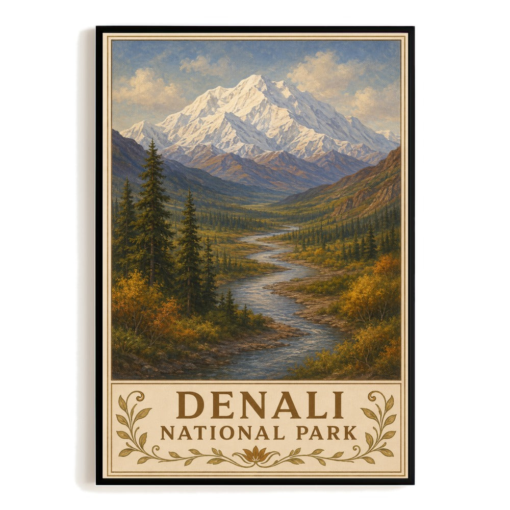 Denali National Park Vintage Travel Poster Wall Art Mountain Landscape River Forest Alaska Nature Print Home Decor Gift For Hikers Outdoor Lovers Cabin Unframed | siriusteestore