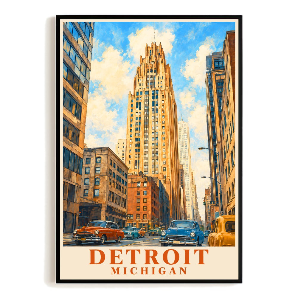 Detroit Michigan Travel Poster Vintage City Art Deco Architecture Classic Cars Wall Art Landscape Print Picture For Souvenir Home Office Bedroom Decor Unframed | siriusteestore