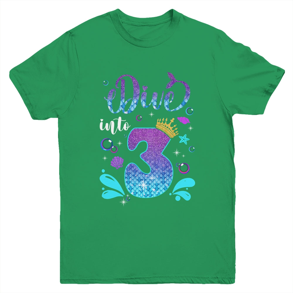 Dive Into 3 Birthday Decorations Girl 3rd Birthday Mermaid Youth Shirt | siriusteestore