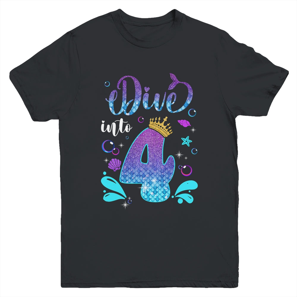 Dive Into 4 Birthday Decorations Girl 4th Birthday Mermaid Youth Shirt | siriusteestore