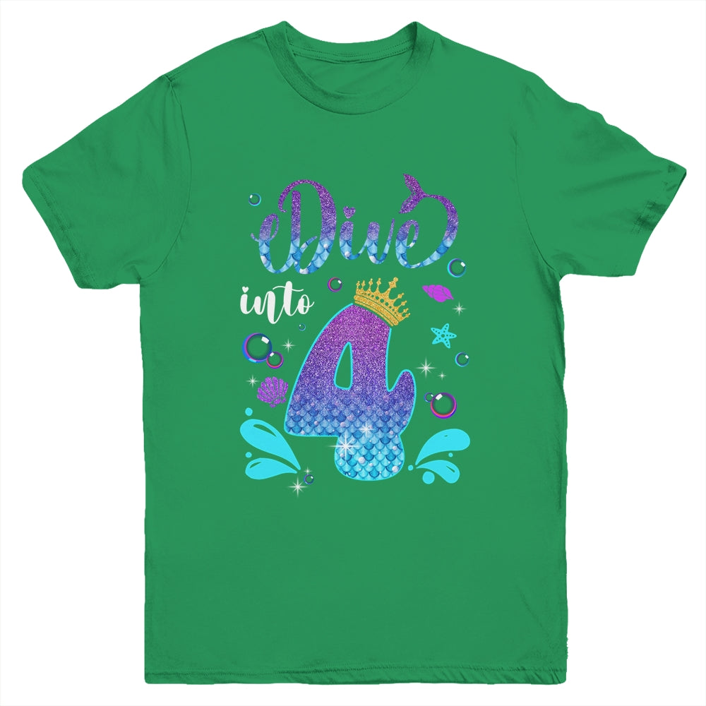 Dive Into 4 Birthday Decorations Girl 4th Birthday Mermaid Youth Shirt | siriusteestore