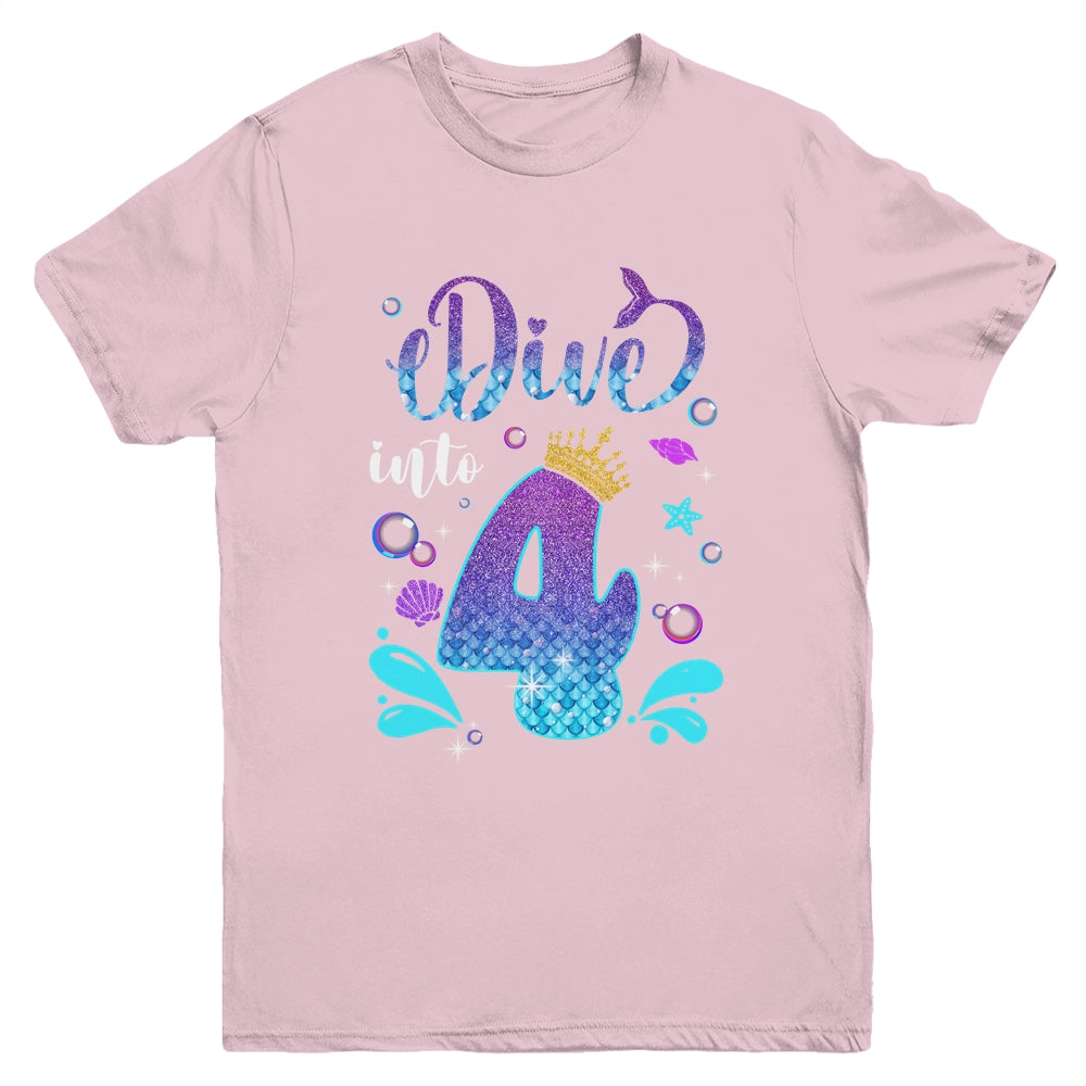 Dive Into 4 Birthday Decorations Girl 4th Birthday Mermaid Youth Shirt | siriusteestore