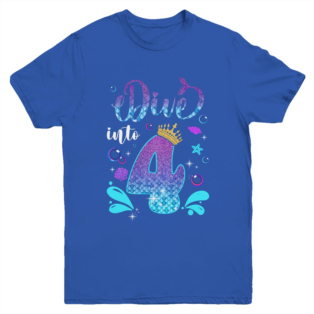 Dive Into 4 Birthday Decorations Girl 4th Birthday Mermaid Youth Shirt | siriusteestore