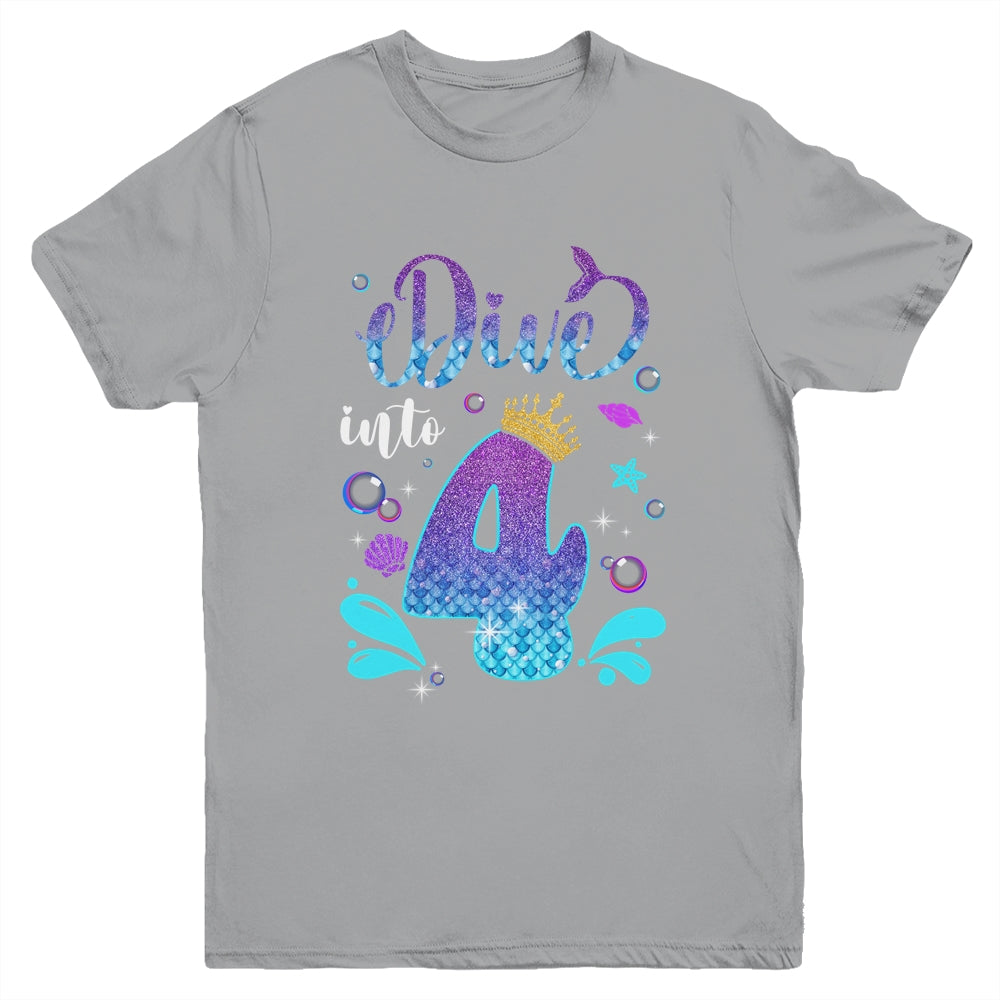 Dive Into 4 Birthday Decorations Girl 4th Birthday Mermaid Youth Shirt | siriusteestore