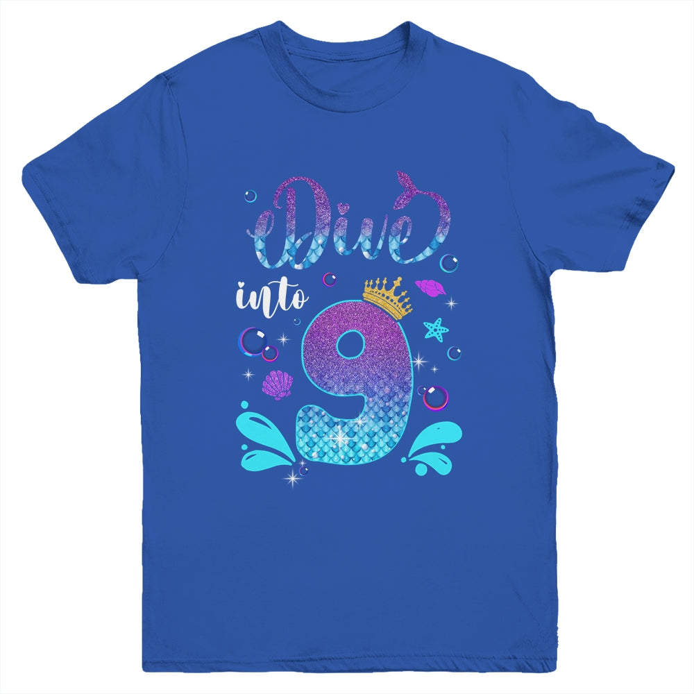 Dive Into 9 Birthday Decorations Girl 9th Birthday Mermaid Youth Shirt | siriusteestore