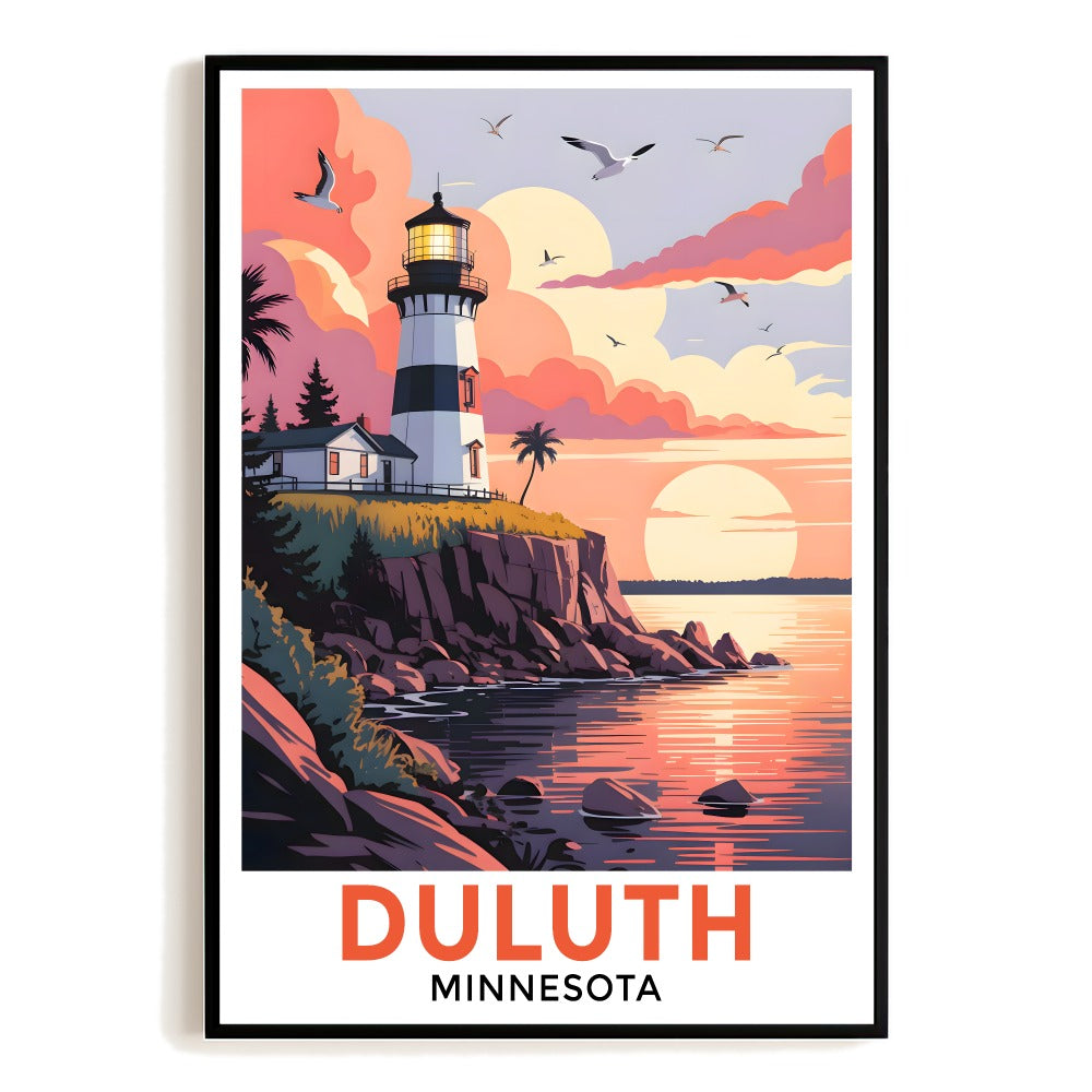 Duluth Minnesota Vintage Travel Poster Iconic Lighthouse Sunset Wall Art Landscape Print For Home Decor And Lake Superior Lovers Living Room Office Decor Unframed | siriusteestore