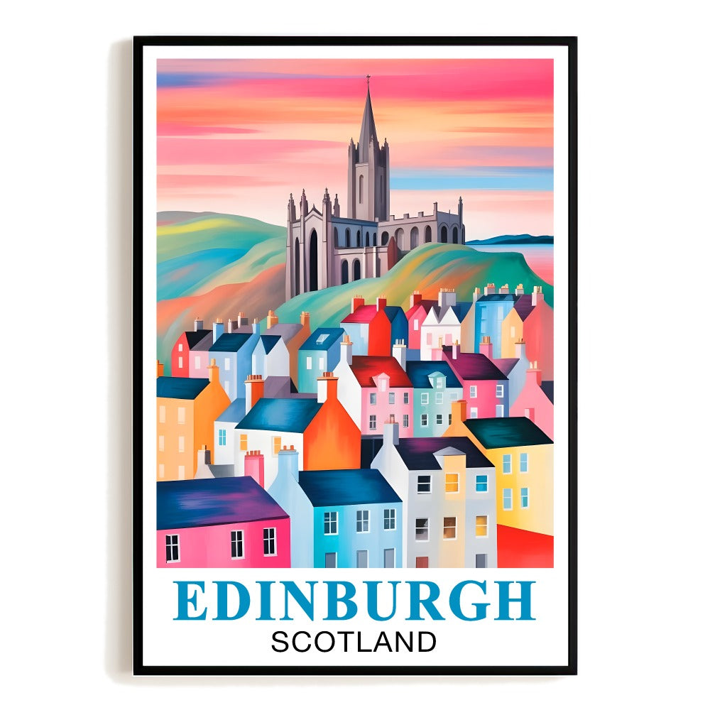 Edinburgh Scotland Vintage Travel Poster Iconic Castle Hill Colorful Houses Wall Art Print Souvenir Landscape Painting Ideal For Home Office Living Room Decor Unframed | siriusteestore