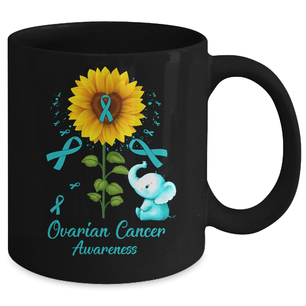 Elephant Teal Ribbon Ovarian Cancer Awareness Sunflower Mug | siriusteestore