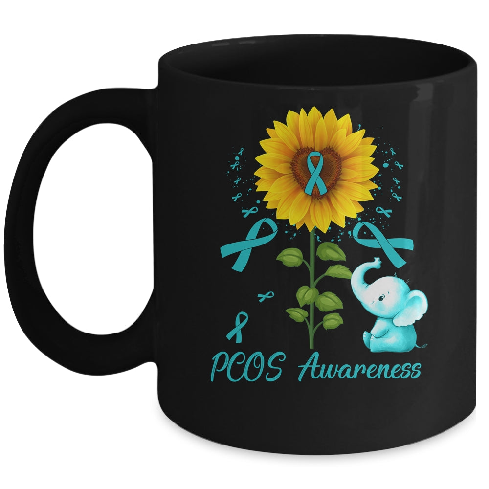 Elephant Teal Ribbon PCOS Awareness Sunflower Mug | siriusteestore