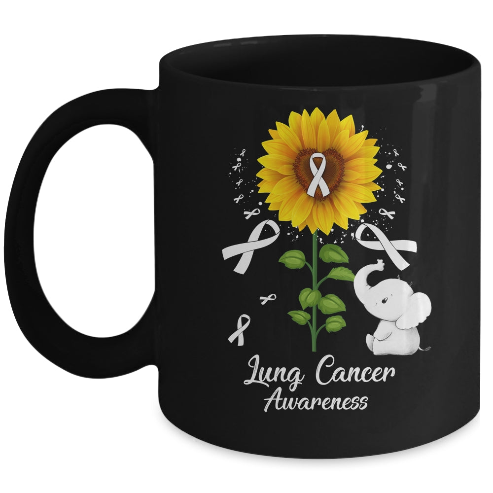 Elephant White Ribbon Lung Cancer Awareness Sunflower Mug | siriusteestore