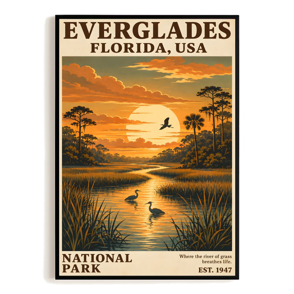 Everglades Florida Usa American National Park Souvenir Gift Vintage Travel Poster Bird Sunset Landscape Wall Art Print For Home Living Room Bedroom Decor Unframed | siriusteestore