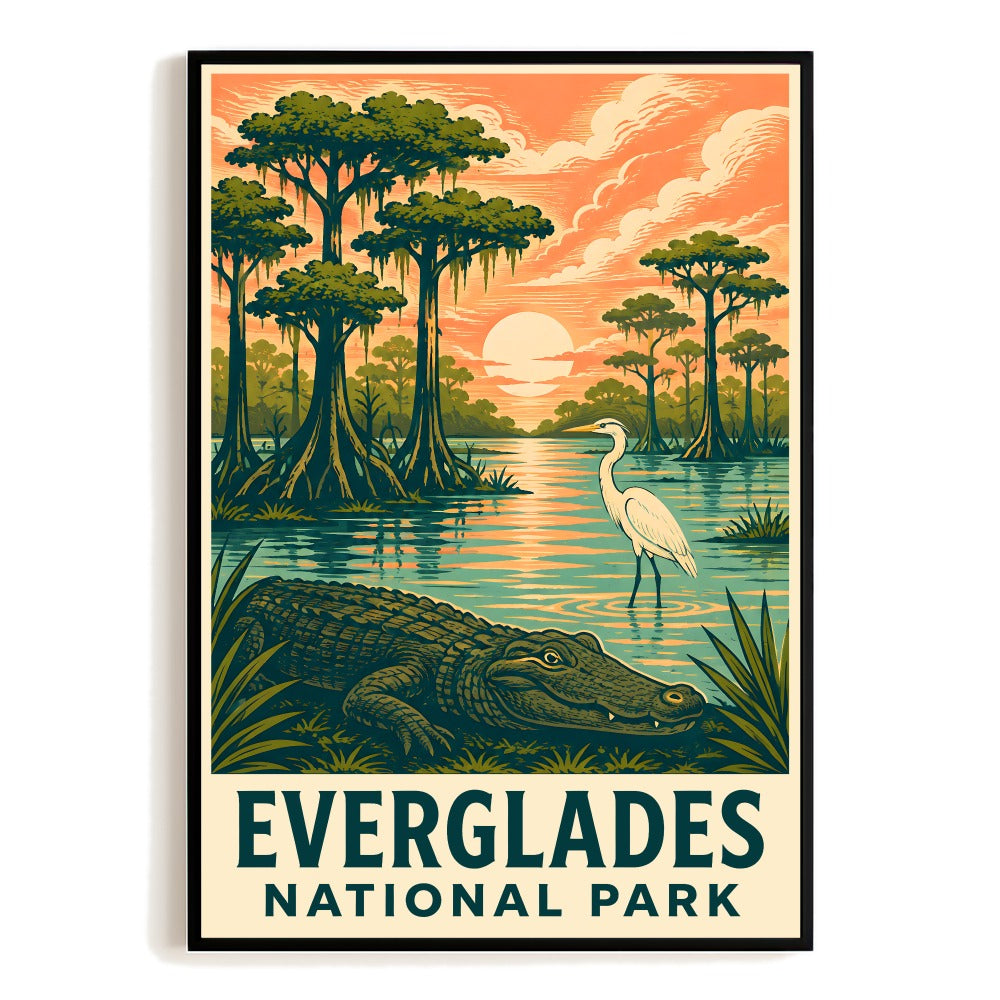 Everglades National Park Vintage Travel Poster Alligator Egret Wetland Sunset Florida Landscape Wall Art Print Wildlife Home Decor Bedroom Gift Souvenir Unframed | siriusteestore