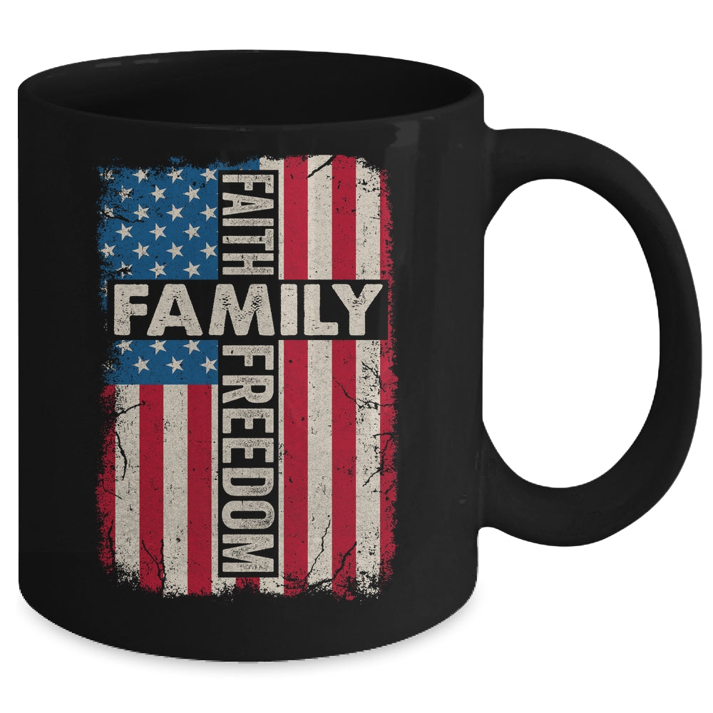 Faith Family Freedom Patriotic Christian Vintage USA Flag Mug | siriusteestore