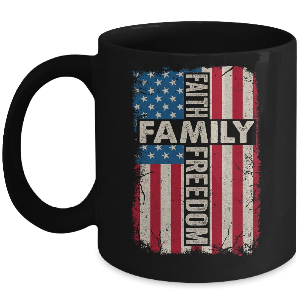Faith Family Freedom Patriotic Christian Vintage USA Flag Mug | siriusteestore