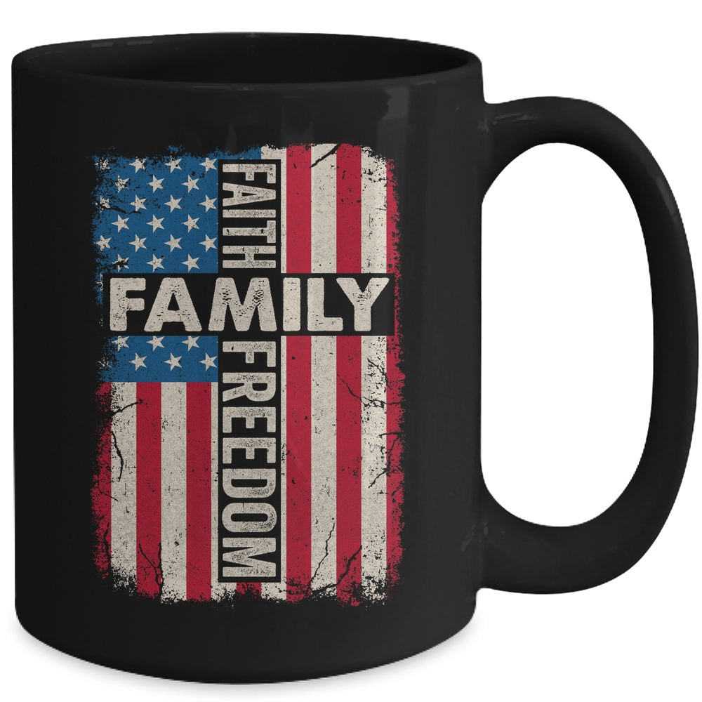 Faith Family Freedom Patriotic Christian Vintage USA Flag Mug | siriusteestore