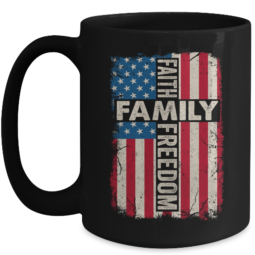 Faith Family Freedom Patriotic Christian Vintage USA Flag Mug | siriusteestore