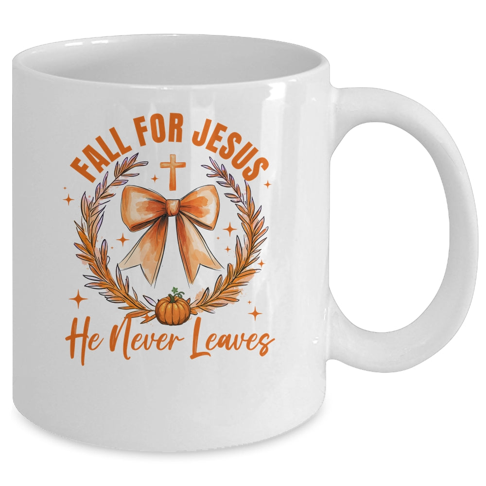 Fall For Jesus He Never Leaves Fall Autumn Coquette Bow Pumpkin Mug | siriusteestore