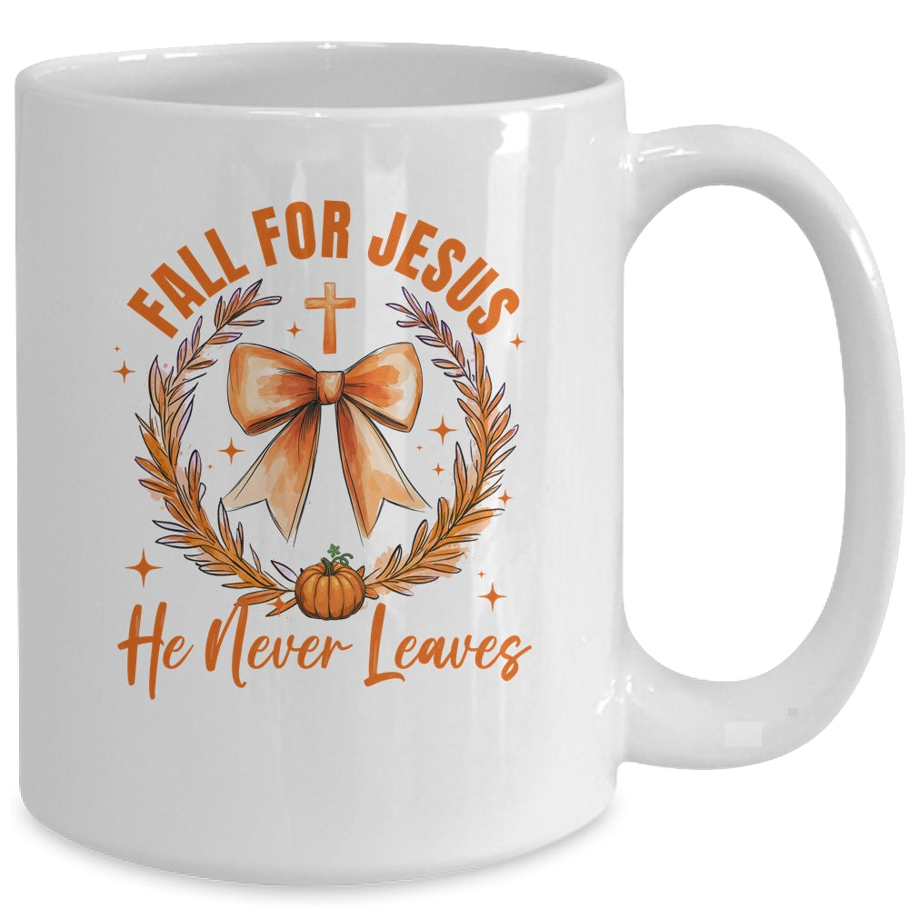 Fall For Jesus He Never Leaves Fall Autumn Coquette Bow Pumpkin Mug | siriusteestore