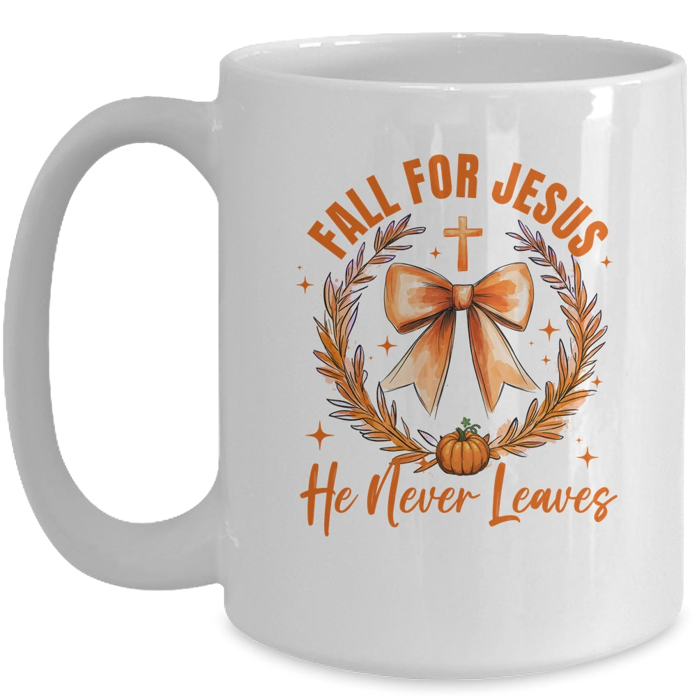 Fall For Jesus He Never Leaves Fall Autumn Coquette Bow Pumpkin Mug | siriusteestore