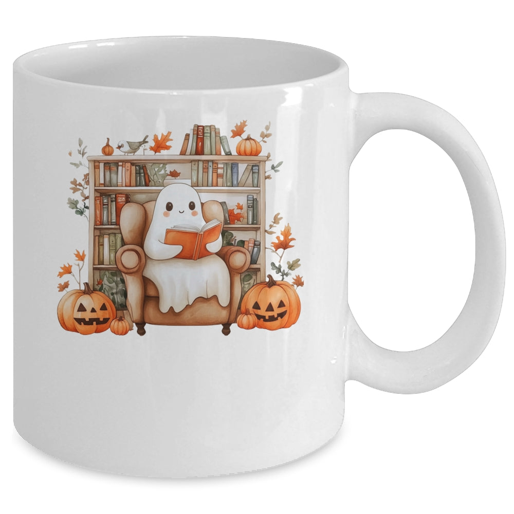 Fall Halloween Cute Ghost Reading Book Spooky Pumpkin Women Mug | siriusteestore