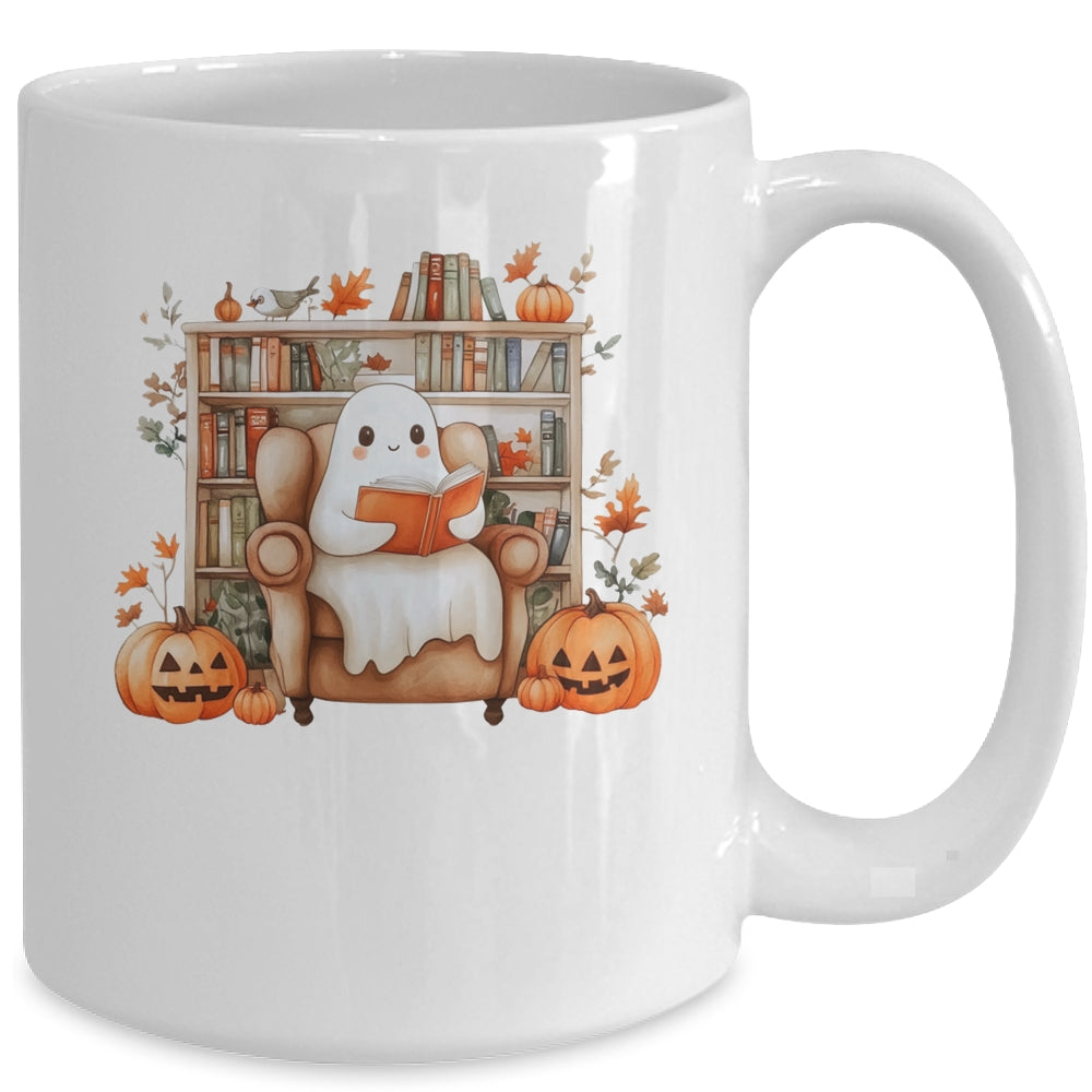 Fall Halloween Cute Ghost Reading Book Spooky Pumpkin Women Mug | siriusteestore