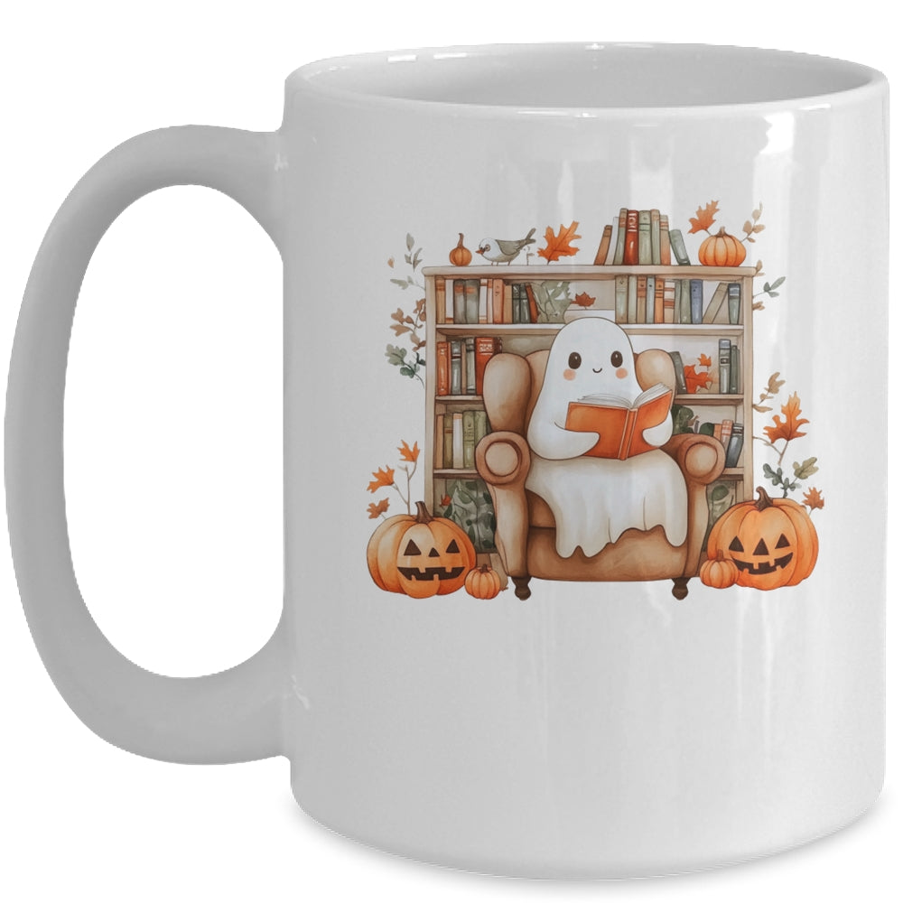Fall Halloween Cute Ghost Reading Book Spooky Pumpkin Women Mug | siriusteestore