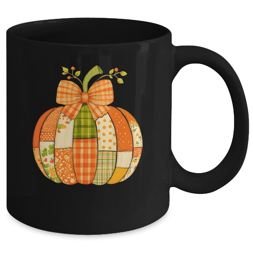 Fall Patchwork Pumpkin Bow Autumn Halloween Thanksgiving Mug | siriusteestore