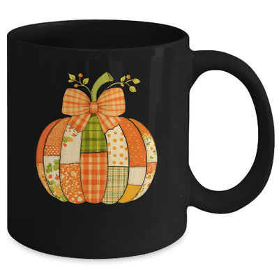 Fall Patchwork Pumpkin Bow Autumn Halloween Thanksgiving Mug | siriusteestore